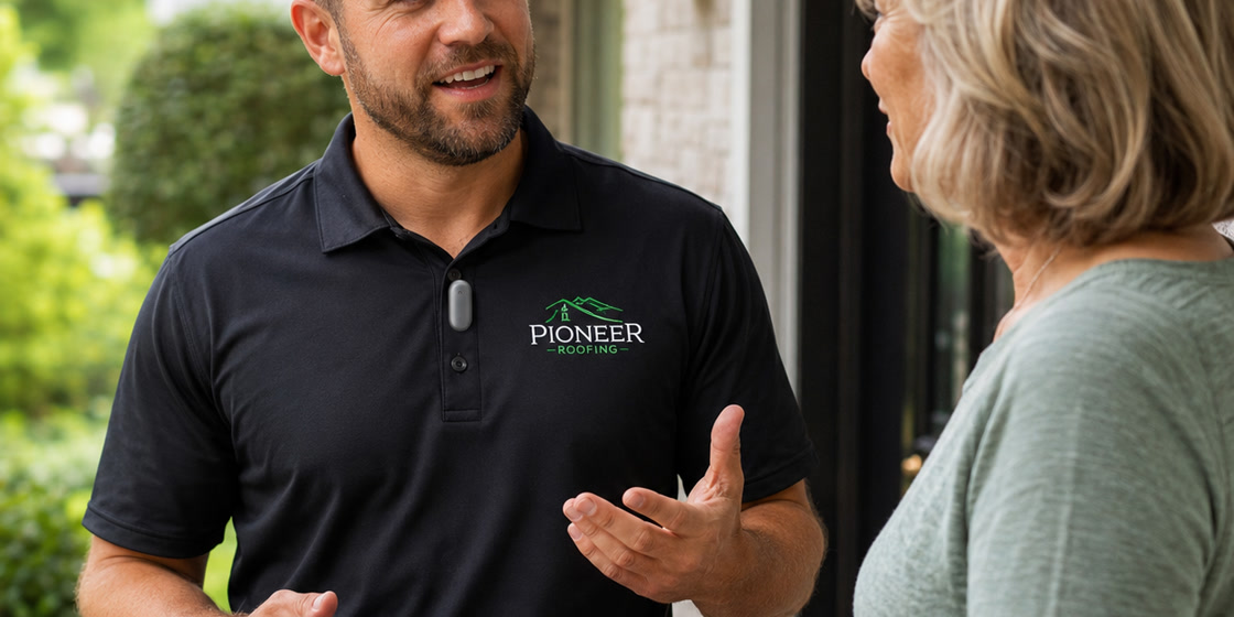 Sales rep speaking with a homeowner at the front door